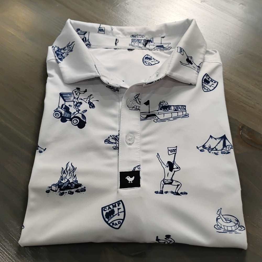 Bad Birdie Polo Shirt Mens XL White & Blue AOP Camp Bad Performance Logo Golf